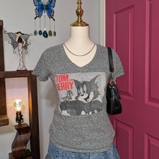 Tom and Jerry Graphic V-Neck T-Shirt Womens Size S Heather Gray Cartoon Tee picture