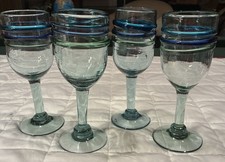 Pier 1 Mexican Hand Blown Wine Glasses Goblets Blue Green Rings Set Of 4 Mint picture