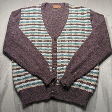 Vtg 70s Huk-A-Poo Cardigan Sweater Mens L Brown Striped Fuzzy V Neck Grandpa Mod picture