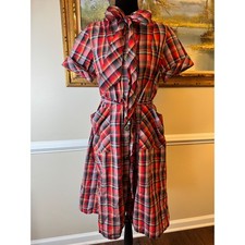 Vintage 1950s 60s Plaid Shirt Dress Pussy Bow Tie Neck Patch Pockets Mid Century picture