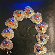 QT 925 Vintage 925SilverHeart Inlay Bracelet Multi Stone picture