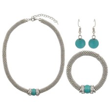 Elegant Silver Toned Mesh Beaded Jewelry Set with Faux Turquoise Beads picture