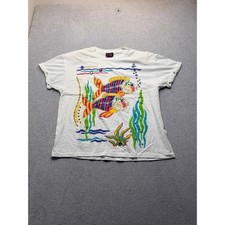 Vintage PGB Tropical Fish Embroidered Beaded T-Shirt White 90s Coastal Boxy L picture