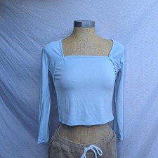 RSQ Crop Top Women XL Blue Excellent Square Neck Long Sleeve Ribbed picture