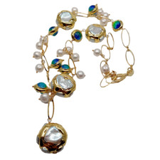 Freshwater Cultured White Keshi Pearl Blue Murano Glass Necklace 21