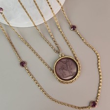Vintage Goldette Intaglio Necklace Purple Glass Gold Tone Snail Chains Layered picture