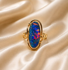 Vintage 9ct Yellow Gold Black Opal Triplet Bezel Ring Size 5.5, 22mm picture