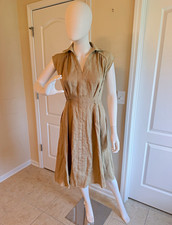 New OGL Tan Collared Waist-Defined Viscose/Linen Midi Dress w/drawstring Size XS picture