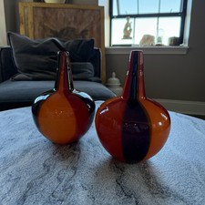 Pair Vintage Murano Italian Art Glass Vases Orange Red Purple MCM Hand Blown 9” picture
