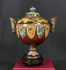 Antique Japanese Meiji Cloisonné Two-Handle Lidded Jar Dragons Phoenix 9” picture