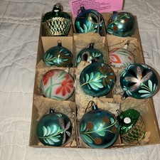 12 Vintage Hand Blown Germany Glass Christmas Ornament - Hand Painted Mica & Box picture