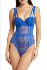 NWT Jezebel by Felina Anika Lace Bodysuit XL Sapphire Sky Blue Thong One Piece picture