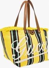 Gucci Women’s Yellow Striped Tote Bag Brown Leather Double Handles Gold HW picture