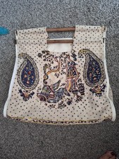 Vintage 1970s Large Boho Knitting Yarn Bag Block Print Wood Handle Handmade picture