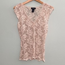 Express Y2K Lace Babydoll Top Womens Small Champagne Pink Sheer Floral Vintage picture