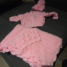 Deluxe Vintage Handmade Pink Twin Baby Clothes & Diamond Bobble Blanket Set Lot picture