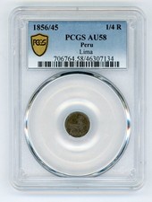 PERU 1856/45 1/4 REAL SILVER COIN SLABBED PCGS AU 58 KM# 143.1 AS SHOWN picture
