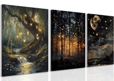 Tranquil Night Forest Framed Canvas Posters Set of 3 Wall art,Moon Fireflies ... picture