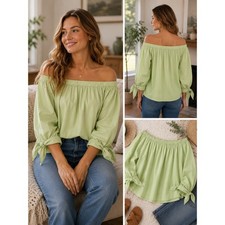 LOFT Off The Shoulder Blouse Women Medium Green NWT Tie Sleeve 3/4 Sleeve Top picture