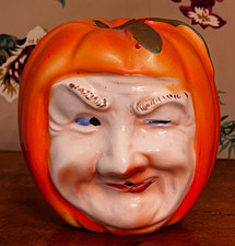 RARE Antique Anthropomorphic Folk Art Pumpkin Witch Head String Holder Japan picture