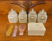 Vintage Frosted Glass Baby Vanity Set Jars w/ Lids, Brush, Comb, Box w/Lid picture