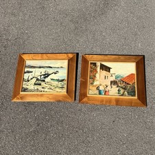 Vintage Mid-Century Modern Walnut Framed Art – Matching Pair – 19” x 16” picture