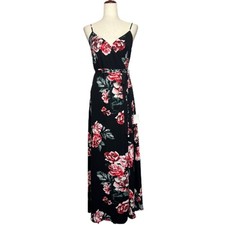 LULUS Women's Size S Black Floral Print Flirtation Sleeveless Wrap Maxi Dress picture