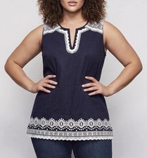 NWT Talbots Women’s Size S Blue Embroidered Cotton Sleeveless Pullover Blouse picture