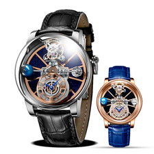 PINDU Men's Starry Sky Watch 3D Solar System Quartz Sapphire Crystal Leather picture