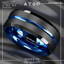 8/6mm Tungsten Men's Ring Thin Blue Line-Inside Black Brushed Band ATOP Jewelry picture
