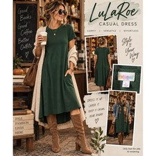 LuLaRoe Large Carly Dress Forest Green High Low Swing Pocket Casual Minimalist picture