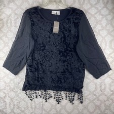 Chico's Velvet Elegance Top Womens 0 S Black NWT Fringe Burnout Floral Knit $89 picture