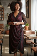 Kiyonna Dress 2x Womens Black/Burgundy Knee Length A-Line 3/4 Sleeve V-Neck picture