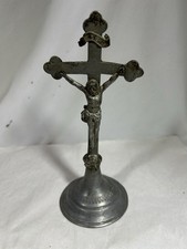 Vintage Pewter Crucifix on Base Jesus Altar NRI Detailed Religious Cross Collect picture