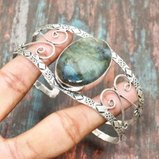 Labradorite Gemstone Handmade 925 Sterling Silver Cuff Bangle Adjustable Jewelry picture