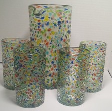 Handblown Mexican Confetti Pebbled Pitcher & 4 Highball Tumblers Multicolor  picture