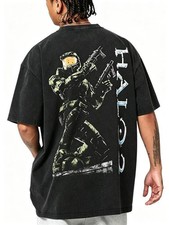 Vintage Washed Halo Master Chief Back Print T-Shirt Oversized Retro Game Graphic picture
