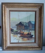 P. Wong Signed Oil On Canvas Painting Asian Boats- Art is 8