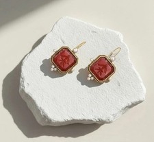 Intaglio Earrings Museum Pearl Red Gold Cameo Flower Geometric Court Palace VTG picture