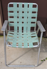 Vintage MCM Webbed Aluminum Lawn Chair Green Striped Patio Beach Folding picture