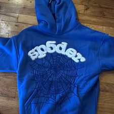sp5der Blue Pullover Hoodie Spider Web Graphic Fleece Cotton Pockets M picture