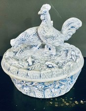 Vintage Ceramic Lidded Rooster And Hen 7 1/2” Dish Signed I CD, dated 1967 picture