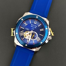 Bulova Marine Star 98A303 Automatic 45mm Blue Dial Rubber Strap Men's Watch picture