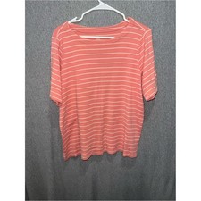 CJ Banks Womens 2X Coral White Striped Short Sleeve Cotton Crew Neck Tee Top picture