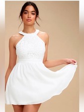 Lulus Lover's Game White Lace Skater Dress high neck mini size SM new picture