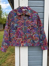 Chico’s Art to Wear Jacket Sz 2 Multicolor Geometric Abstract Zip Front Y2K picture