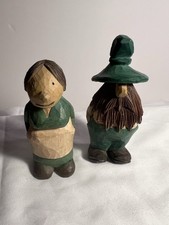 Hand Carved Painted Wooden Art Folk Couple Figurines Vintage Set of 2 Signed FI picture