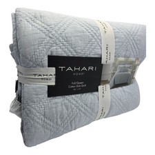 Tahari Cotton Slub Full Queen Quilt Blue Textured Lightweight Bedding picture