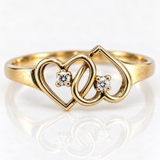Vintage FTJ 10K Yellow Gold Double Heart Diamond Ring Size 6.5 1.1g picture