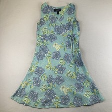 Catherine Stewart Sundress Womens 6 Blue Linen Floral Fit & Flare Broken Zipper picture